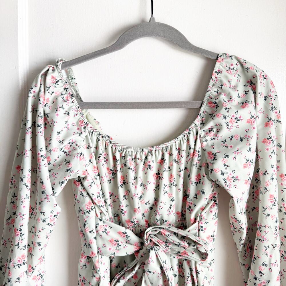 Altar’s State Lola Crossover Mint Green Pink Floral Mini Dress Fit & Flare M - Picture 13 of 16